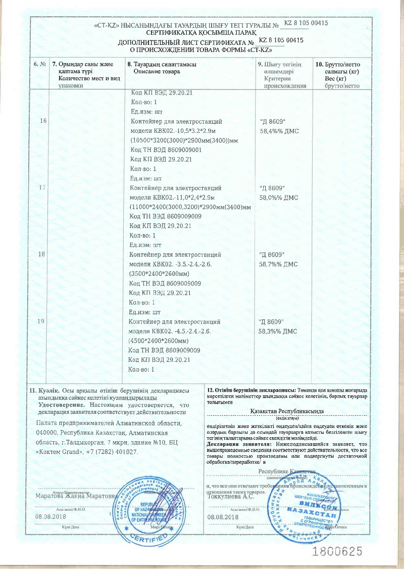 Сертификат о происхождении товара CT-KZ на контейнеры